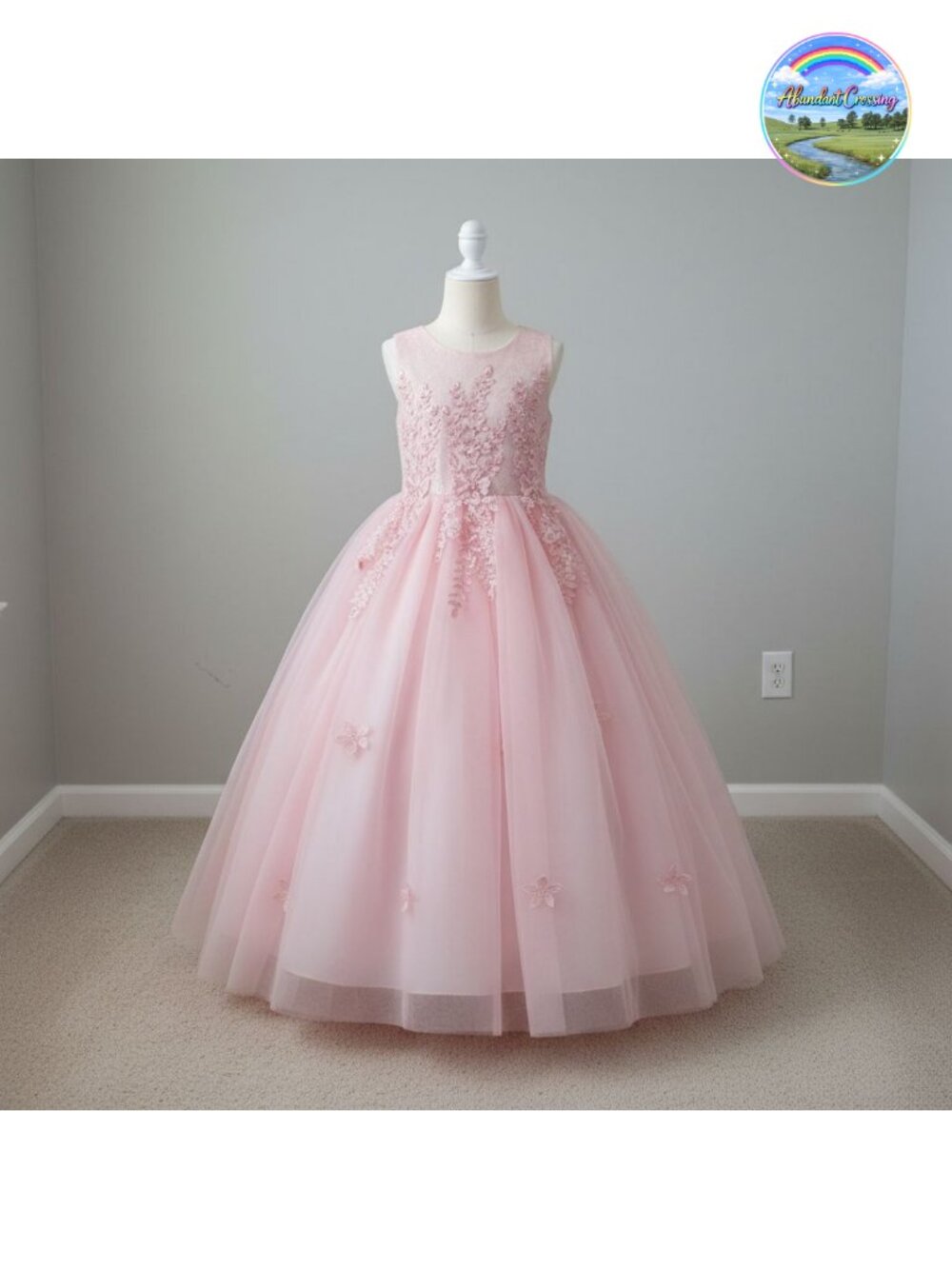 Girls Lace Tulle Princess Long Dress Formal Party Wedding Gown